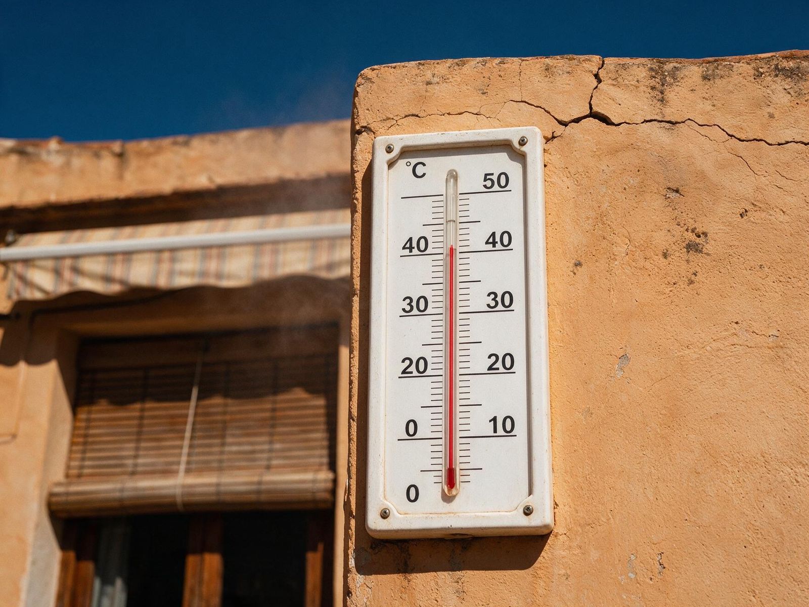 Il·lustració generada amb intel·ligència artificial d’un termòmetre de carrer marcant 44 graus sobre una façana de poble valencià amb persianes tancades; no correspon a la incidència de Montserrat