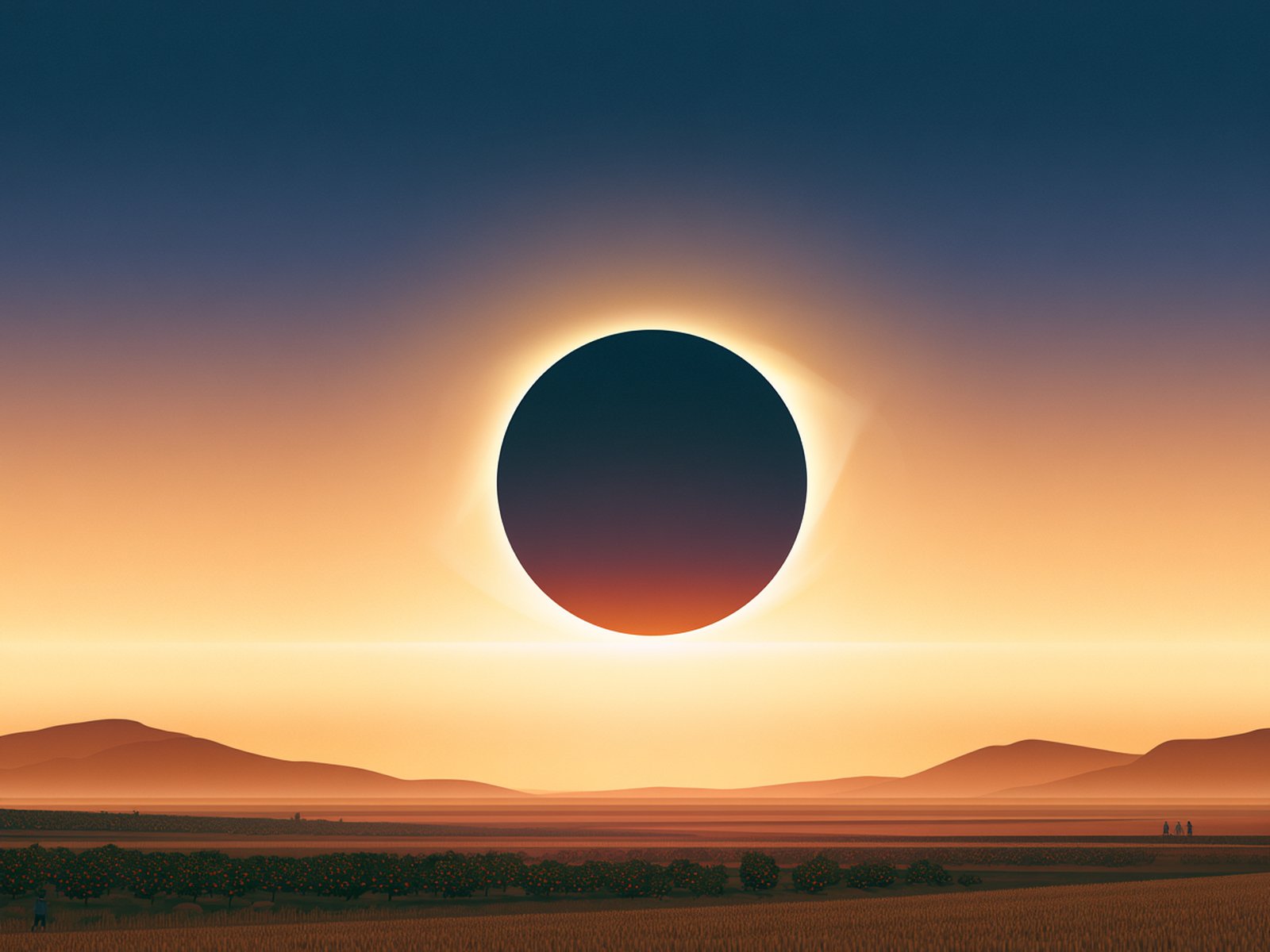 Il·lustració d’un eclipsi solar total sobre un paisatge rural al capvespre