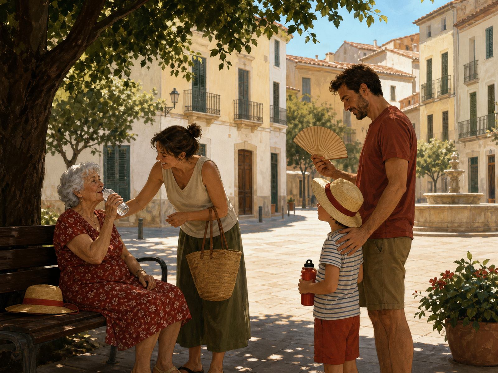 Il·lustració de diverses generacions protegint-se de la calor a l’ombra i bevent aigua