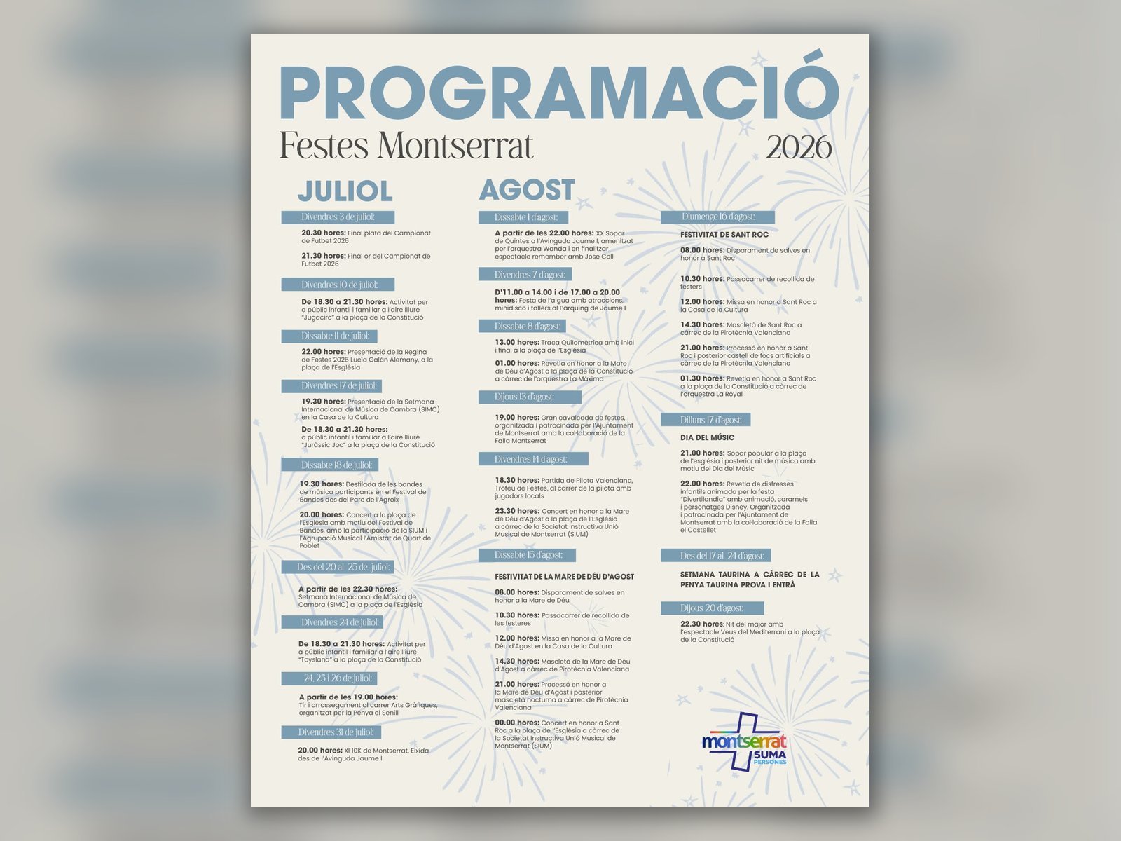 Cartell oficial amb la programació de les Festes de Montserrat 2026 per a juliol i agost