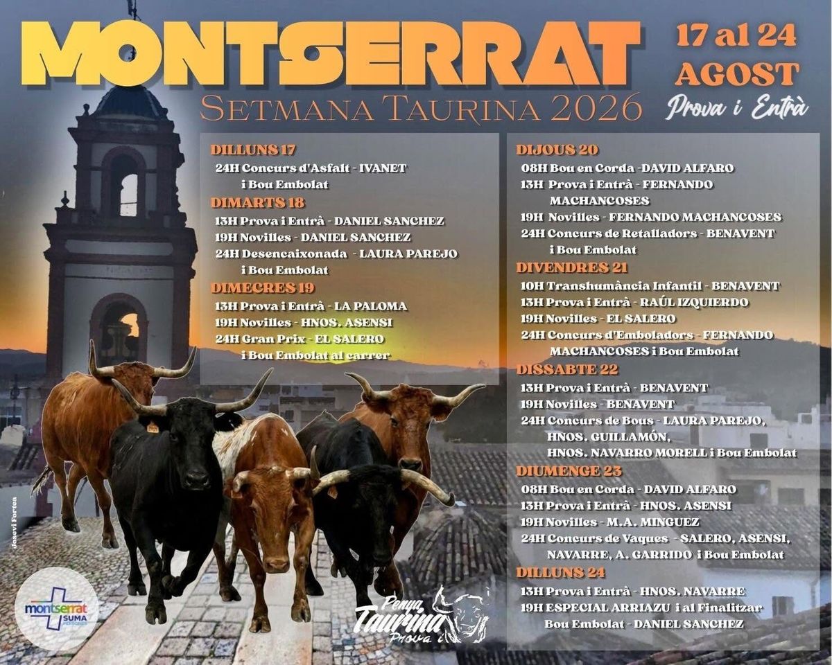Cartell de la Setmana Taurina 2026 de Montserrat amb el programa del dijous 20 d’agost